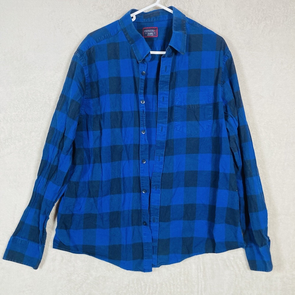 UNTUCKit Flannel Shirt Mens XL Blue Buffalo Plaid Gruner Veltliner Button Down